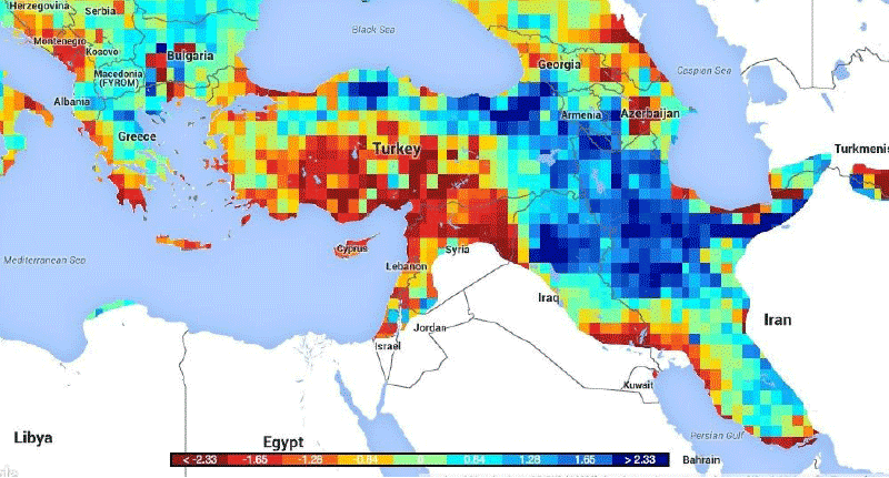 The recent Eastern Mediterranean drought was the most extreme in 900 years, new research suggests. Continuing drought conditions (red) may have contributed to the unrest that preceded the Syrian Civil War. Conditions shown here are for late 2015.