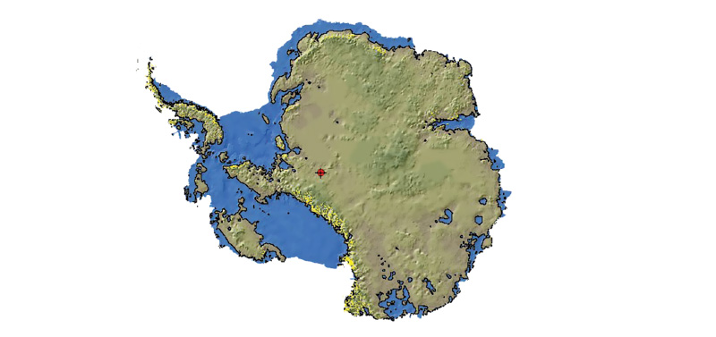 As Antarctica’s ice melts, warm seawater will flow through low-lying channels currently filled with ice and accelerate further melting. An ice-free Antarctica (beige area) would leave less land above sea level (blue shows footprint of current continent).
