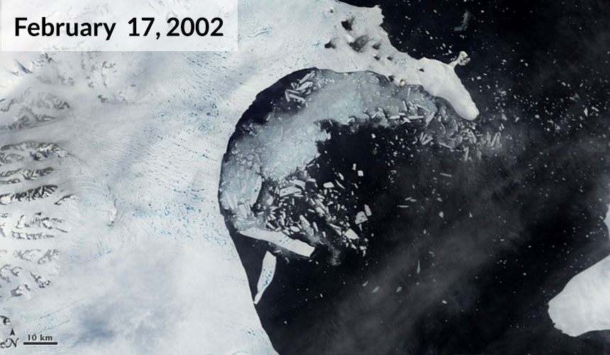 By February 17, the leading edge of the shelf had retreated 10 kilometers and the ice began to splinter.