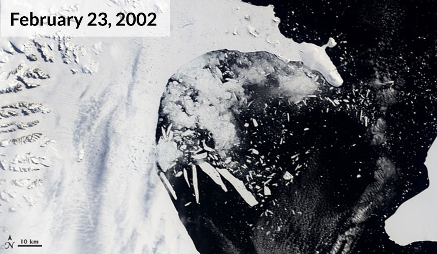 Several more massive icebergs fractured from the ice shelf by February 23.