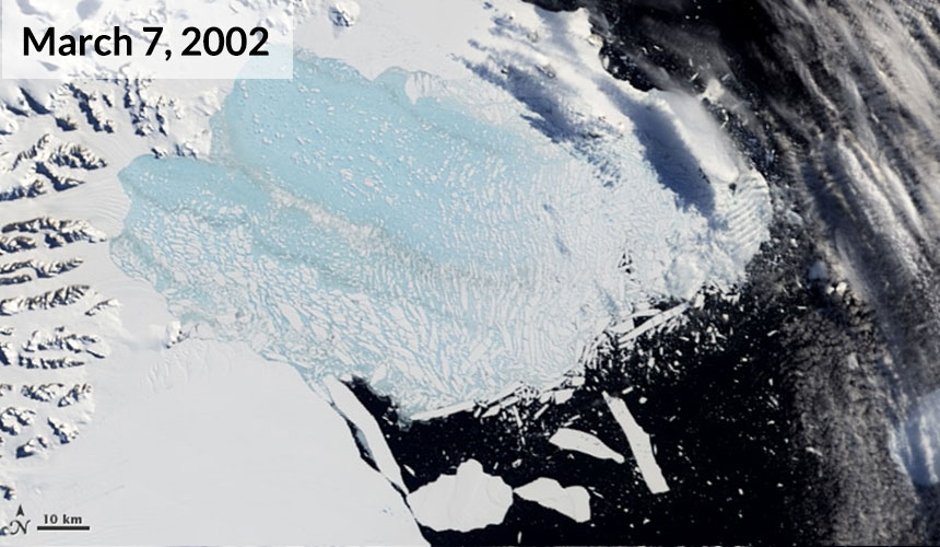 A satellite image captured March 7 revealed a mixture of slush and icebergs.