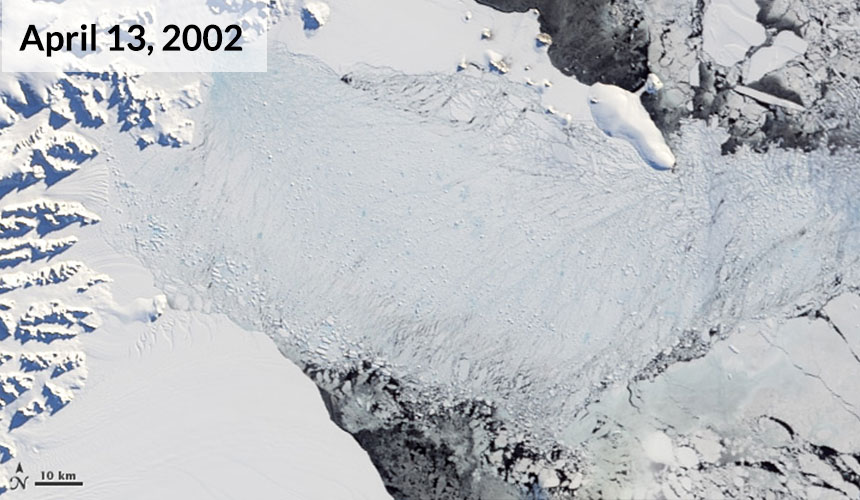 As cold autumn temperatures arrived, white snow fell on the remnants of the ice shelf and, by April 13, fresh sea ice packed into the bay.