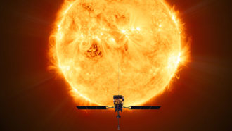 illustration of ESA Solar Orbiter probe in front of the sun