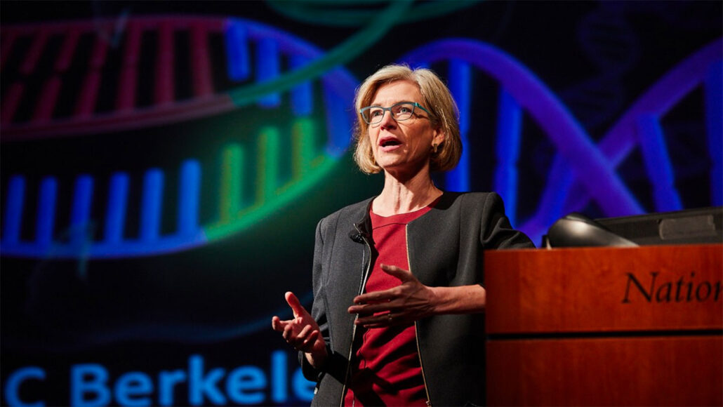 Jennifer Doudna presenteert op een NIH-evenement