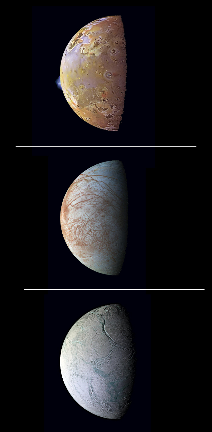 images of Io, Europa and Enceladus