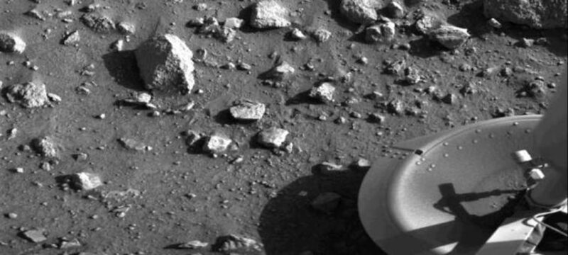 black and white image of the rocky surface of Mars