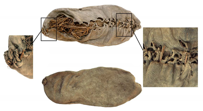 samengestelde afbeelding van 5.500 jaar oude schoen, met close-ups van veters en hiel