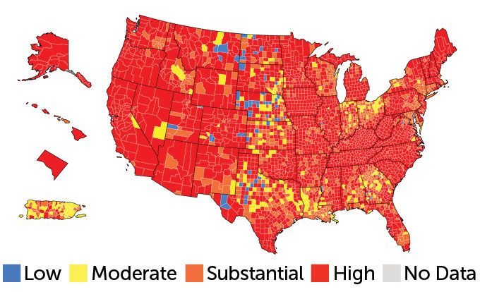 map showing U.S. COVID-19 community levels by county according to the old CDC metrics