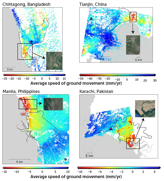 Rates at which the ground level is changing in four coastal cities