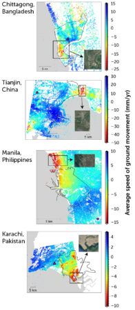 Rates at which the ground level is changing in four coastal cities