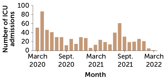 bar chart showing intensive care unit admissions among U.S. pregnant women with COVID-19, March 2020–March 2022