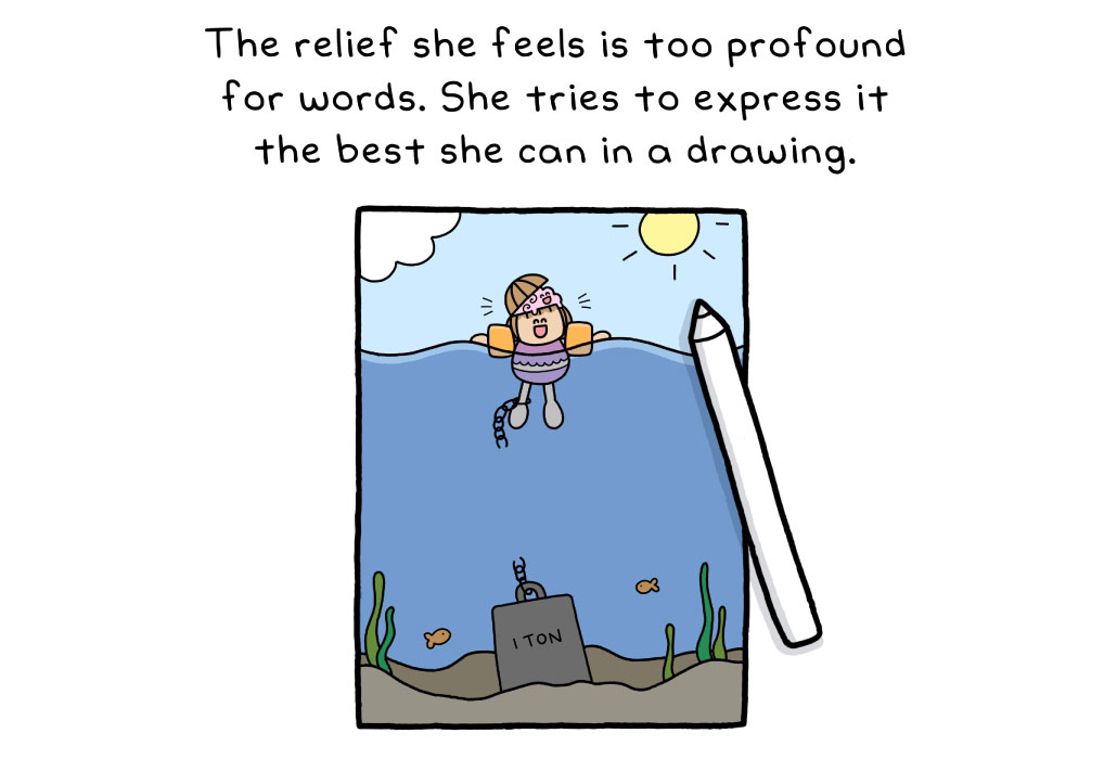 An illustration of a smiling Cartoon Amanda floating on top of the sea while the sun shines down and a one-ton weight has sunk to the sea floor.